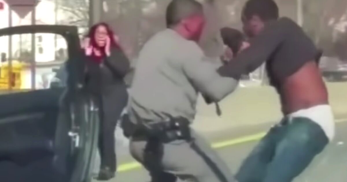 A New York state trooper battles a man after a traffic stop on the Southern State Parkway in Long Island.