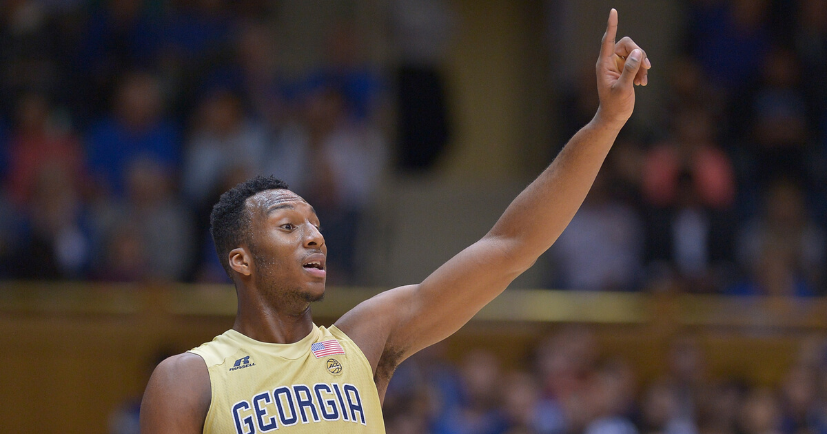 Josh Okogie #5 of the Georgia Tech Yellow Jackets gestures during the game against the Duke Blue Devils at Cameron Indoor Stadium on January 4, 2017 in Durham, North Carolina.