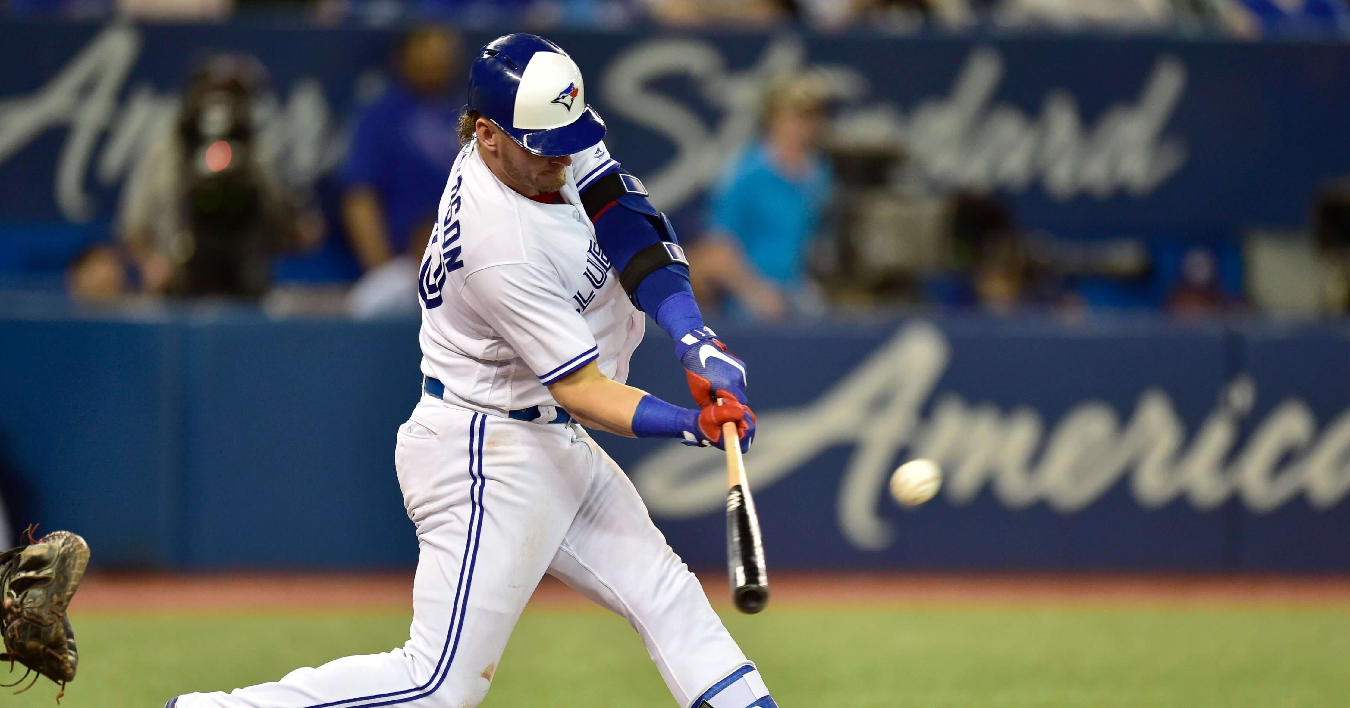 In this May 22 file photo, Toronto Blue Jays' Josh Donaldson hits a double against Los Angeles Angels starting pitcher Garrett Richards during the fifth inning of a baseball game in Toronto.