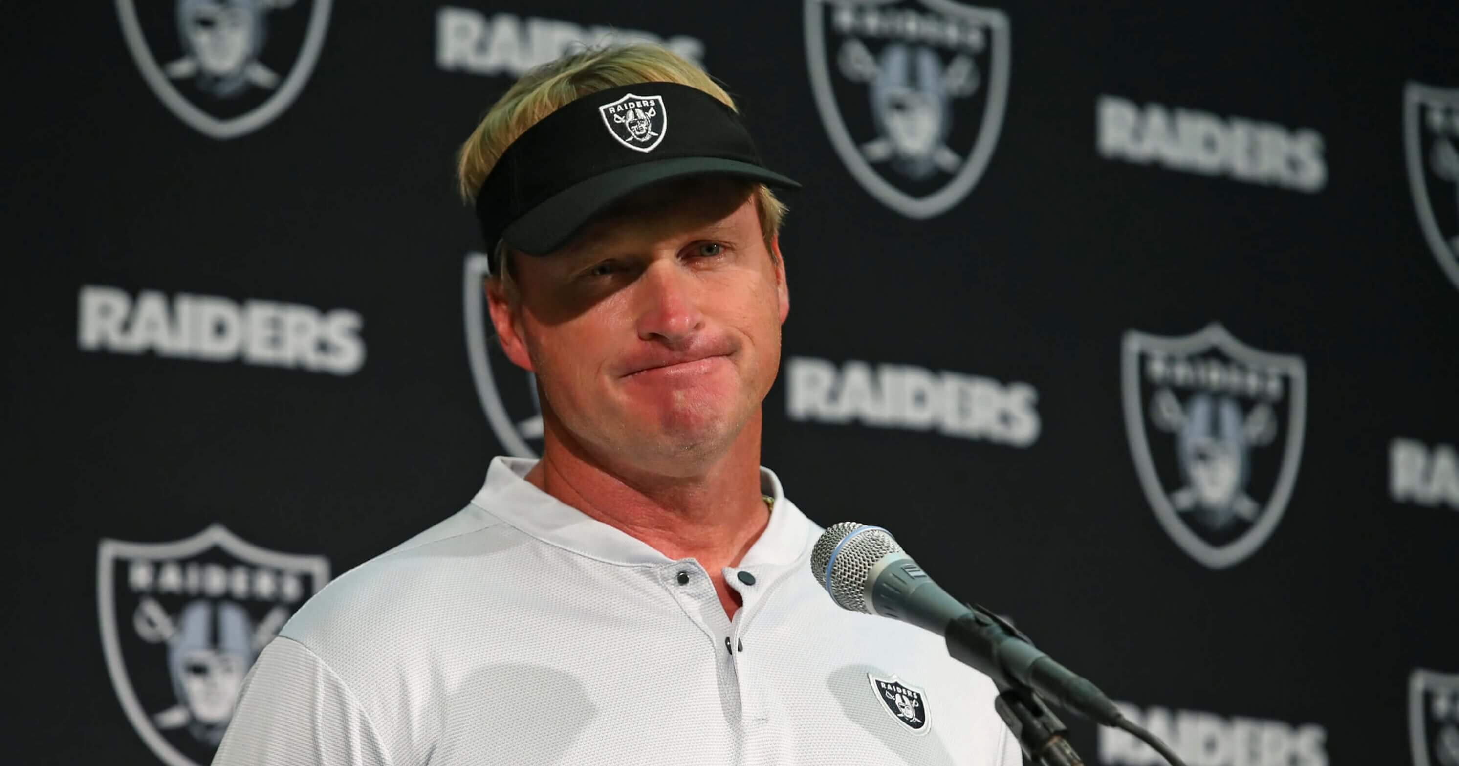 Oakland Raiders head coach Jon Gruden answers questions during a news conference after his team's season-opening loss to the Los Angeles Rams on Monday.