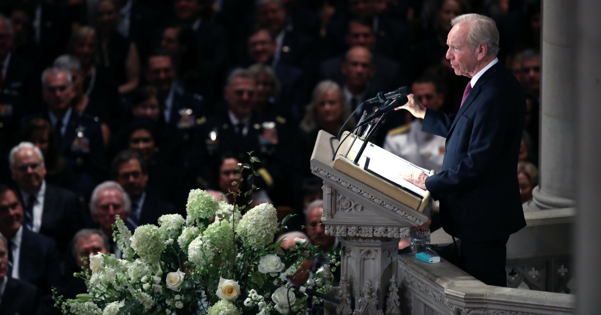 Former U.S. Sen. Joe Lieberman speaks during the funeral for U.S. Sen. John McCain at the National Cathedral in Washington, D.C., on Saturday.