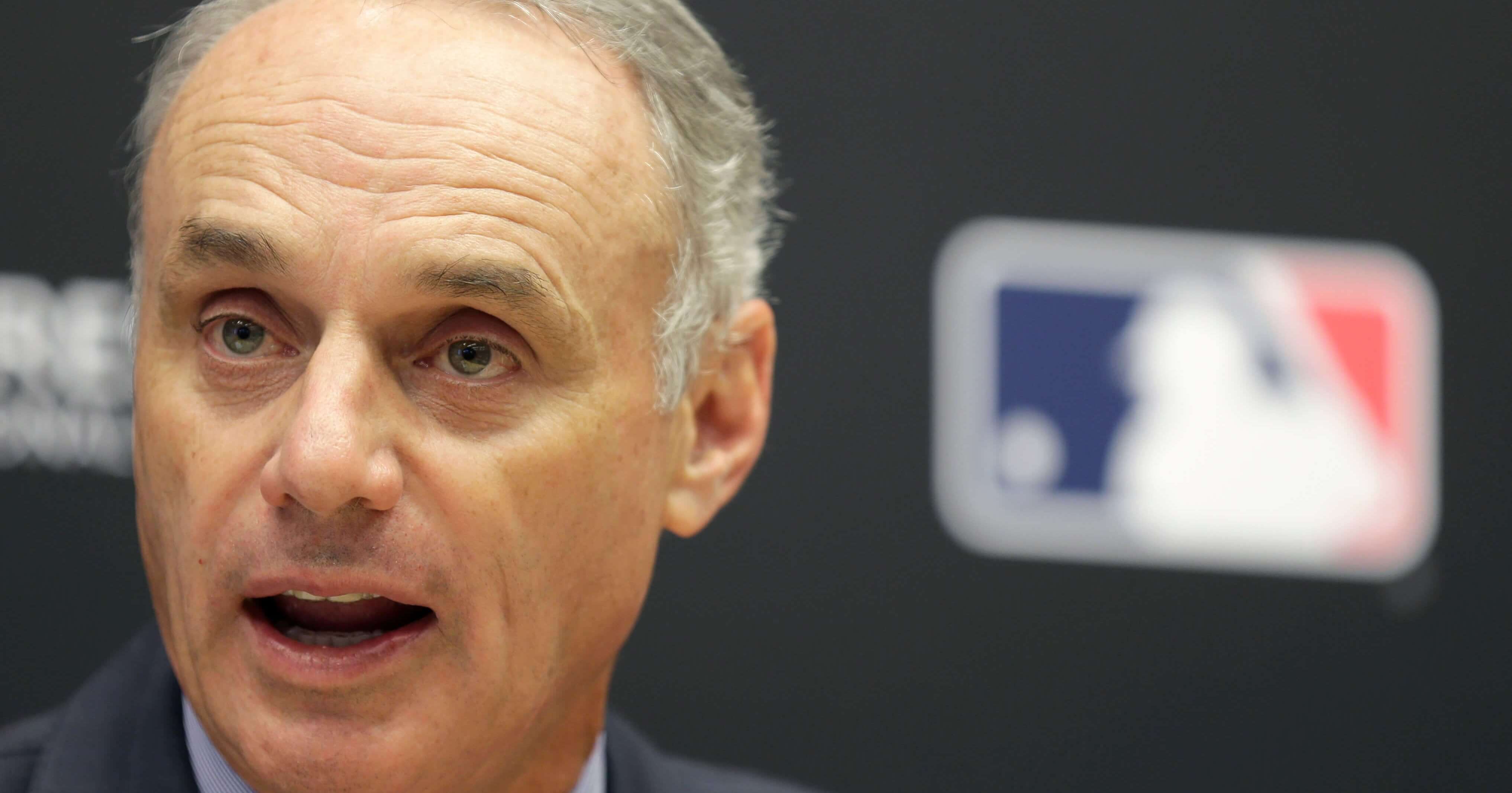 Baseball Commissioner Rob Manfred speaks during a news conference at MLB headquarters in New York on Tuesday.