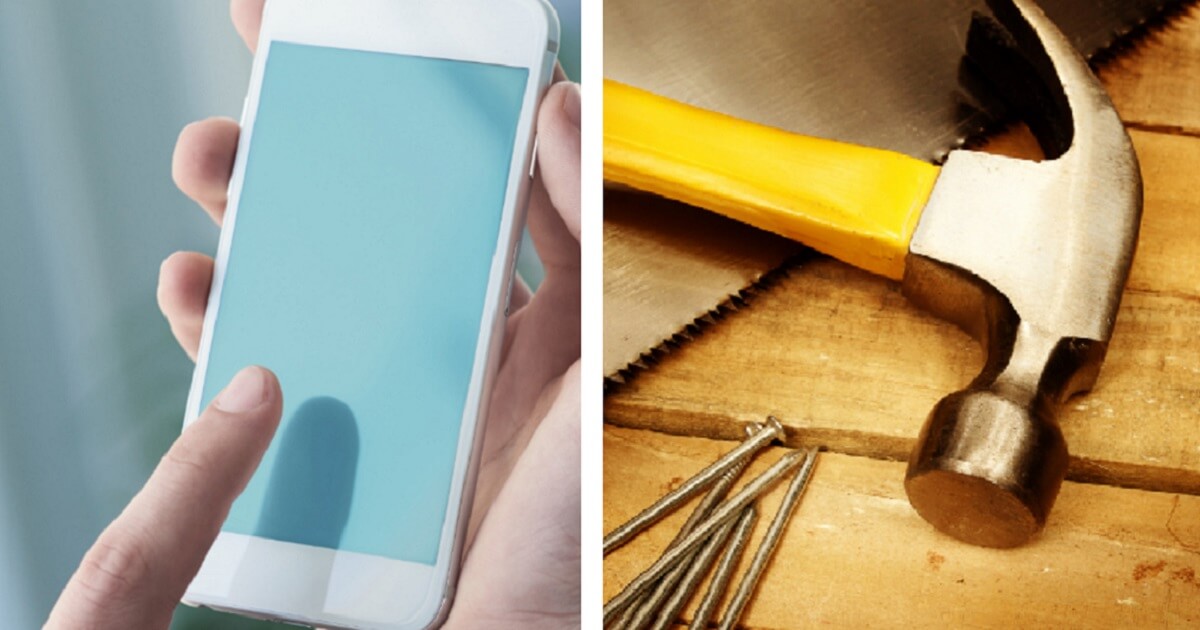 Smartphone left; and hammer with nails, right.