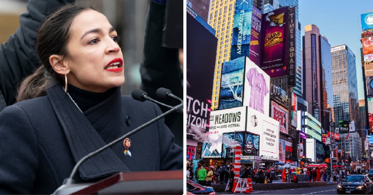 Rep. Alexandria Ocasio-Cortez, left; Times Square file photo, right.