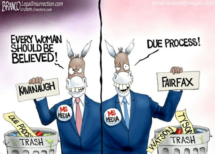 Democrat donkey holding up signs that read 'Kavanaugh' and 'Fairfax'