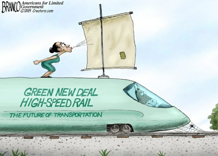Alexandria Ocasio-Cortez blowing a sail on top of a train that reads Green New Deal.