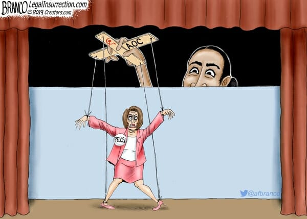 Nancy Pelosi is depicted as a marionette, with Alexandria Ocasio-Cortez pulling the strings from offstage.