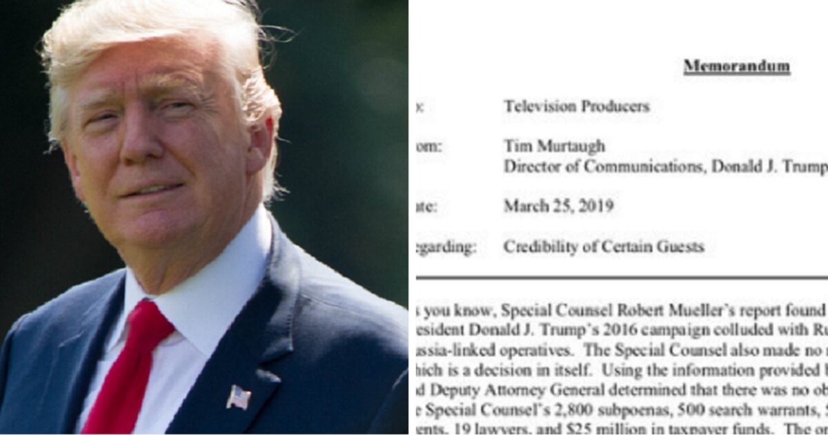 President Donald Trump, left; snippet of re-election campaign's memo to TV producers, right.