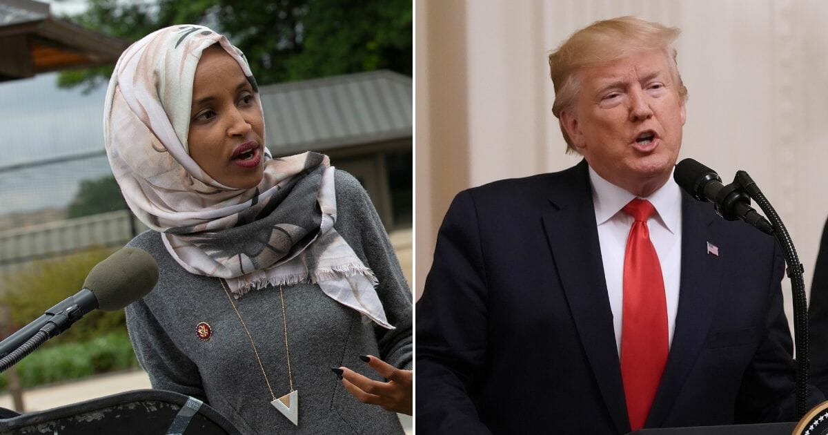 Rep. Ilhan Omar (D-MN) speaks at a press conference on the No Shame at School Act on June 19, 2019, in Washington, D.C., right. President Donald Trump delivers remarks with Dutch Prime Minister Mark Rutte during a ceremony where a flag from D-Day was donated to the Smithsonian in the East Room of the White House July 18, 2019, in Washington, D.C., right.