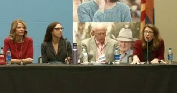 Arizona Democratic Party chairwoman Felecia Rotellini, right, speaks during an event in Phoenix.