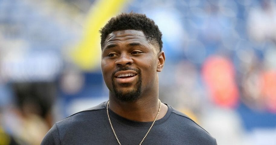 Khalil Mack of the Chicago Bears talks on the sidelines before the start of the preseason game against the Indianapolis Colts at Lucas Oil Stadium on Aug. 24, 2019, in Indianapolis.