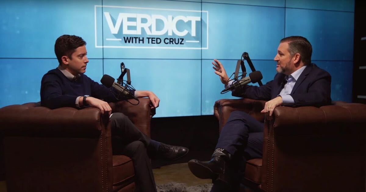 Texas Sen. Ted Cruz, right, talks with The Daily Wire's Michael Knowles during an episode of the senator's new "Verdict with Ted Cruz" podcast.