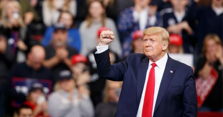 President Donald Trump walks to the podium before speaking at a campaign rally inside of the Knapp Center arena at Drake University on Jan. 30, 2020, in Des Moines, Iowa.