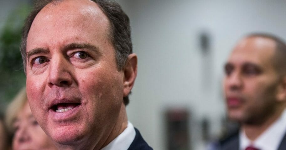 House Intelligence Committee Chairman Rep. Adam Schiff (D-California) speaks to reporters in the Senate basement at the U.S. Capitol as the Senate impeachment trial of President Donald Trump continues on Jan. 30, 2020, in Washington, D.C.