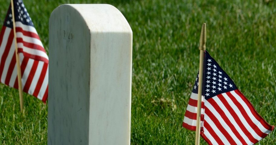 American flags decorate a gravesite