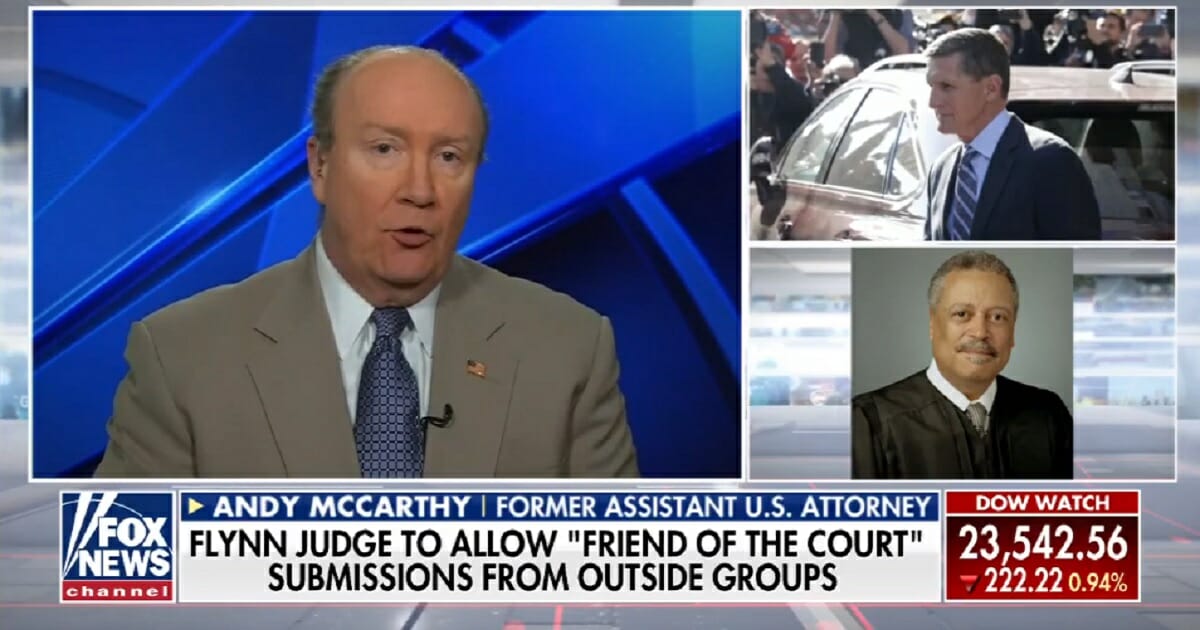 National Review commentator Andrew McCarthy, left, is interviewed on Fox News on Wednesday about the case of former National Security Advisor Michael Flynn, above right, and District Judge Emmet Sullivan, below right.