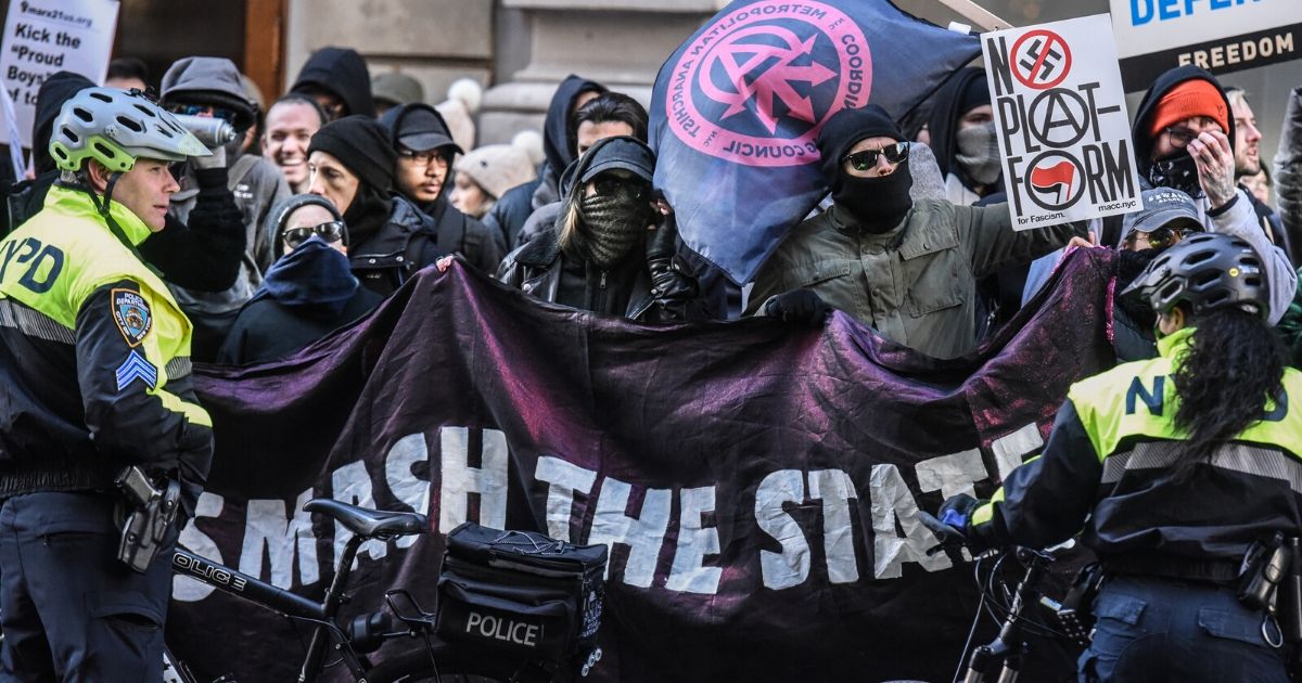 Protesters from various anti-fascist groups rally against the Proud Boys on Nov. 16, 2019, in New York City.