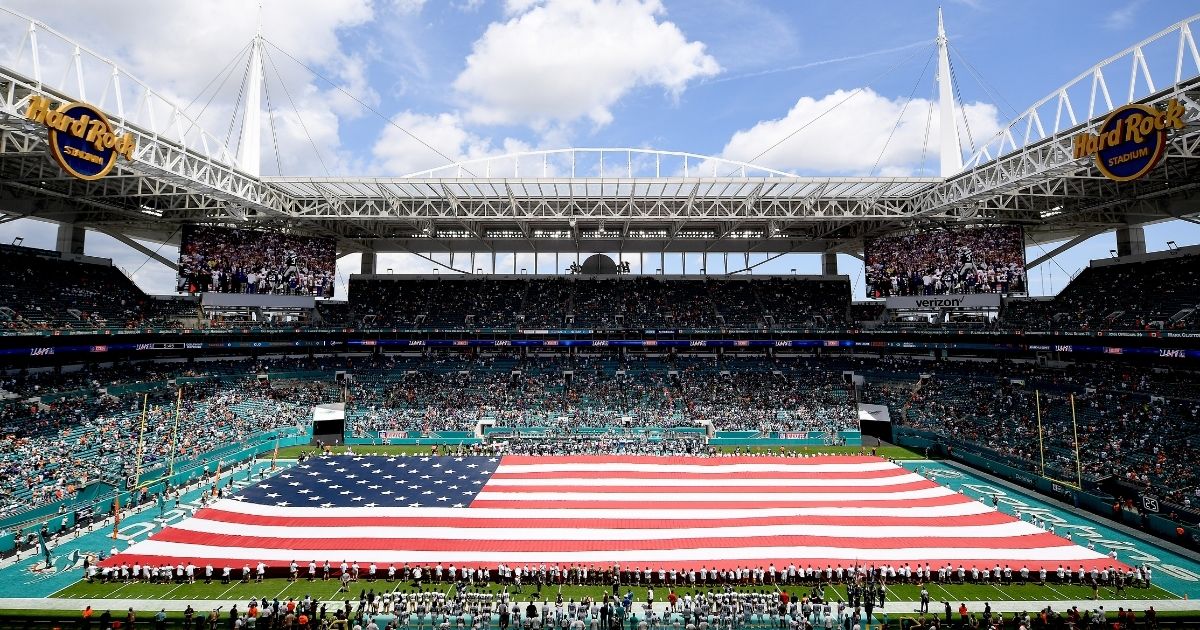 A general view of the American flag is seen during the national anthem prior to the game between the Miami Dolphins and the Baltimore Ravens at Hard Rock Stadium on Sept. 8, 2019, in Miami, Florida.