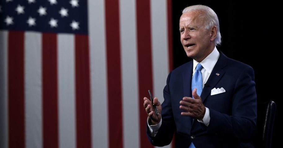 Democratic presidential nominee Joe Biden participates in a virtual grassroots fundraiser along with his vice presidential running mate, California Sen. Kamala Harris, at the Hotel du Pont in Wilmington, Delaware, on August 12, 2020.