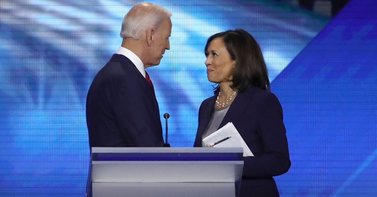 HOUSTON, TEXAS - SEPTEMBER 12: Democratic presidential candidates former Vice President Joe Biden and Sen. Kamala Harris (D-CA) speak after the Democratic Presidential Debate at Texas Southern University's Health and PE Center on September 12, 2019 in Houston, Texas. Ten Democratic presidential hopefuls were chosen from the larger field of candidates to participate in the debate hosted by ABC News in partnership with Univision.