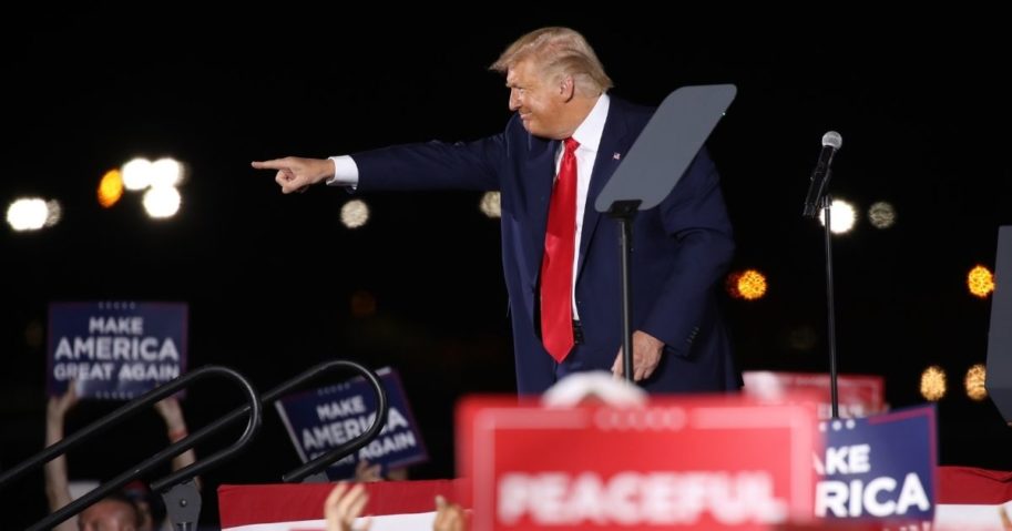 President Donald Trump speaks at an airport hanger at a rally on Aug. 28, 2020, in Londonderry, New Hampshire.