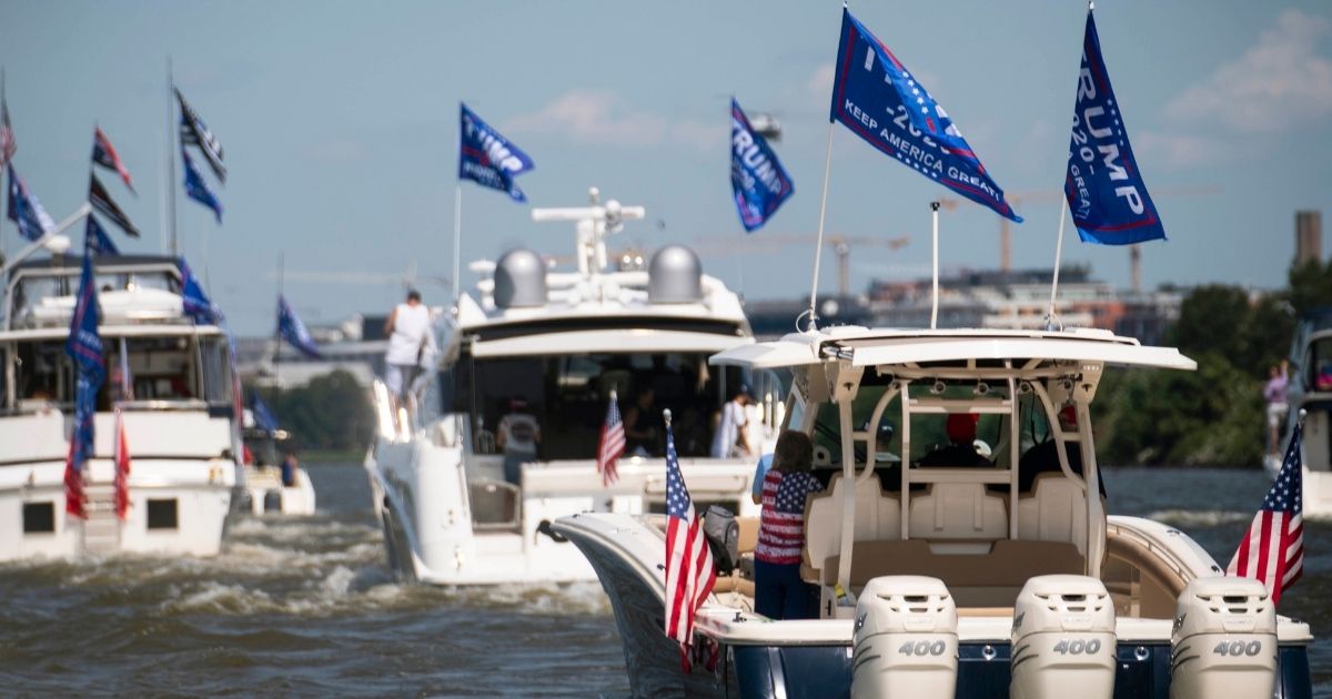 WASHINGTON, DC - SEPTEMBER 06: Supporters of President Donald Trump participate in the "Nation's Capital Trumptilla Boat Parade" on the Potomac River on September 6, 2020 in Washington, DC. Boat parades in support of President Donald Trump's re-election have been a popular alternative to politcal rallies in various cities however an event in Lake Travis in Texas saw at least four boats sink this weekend.