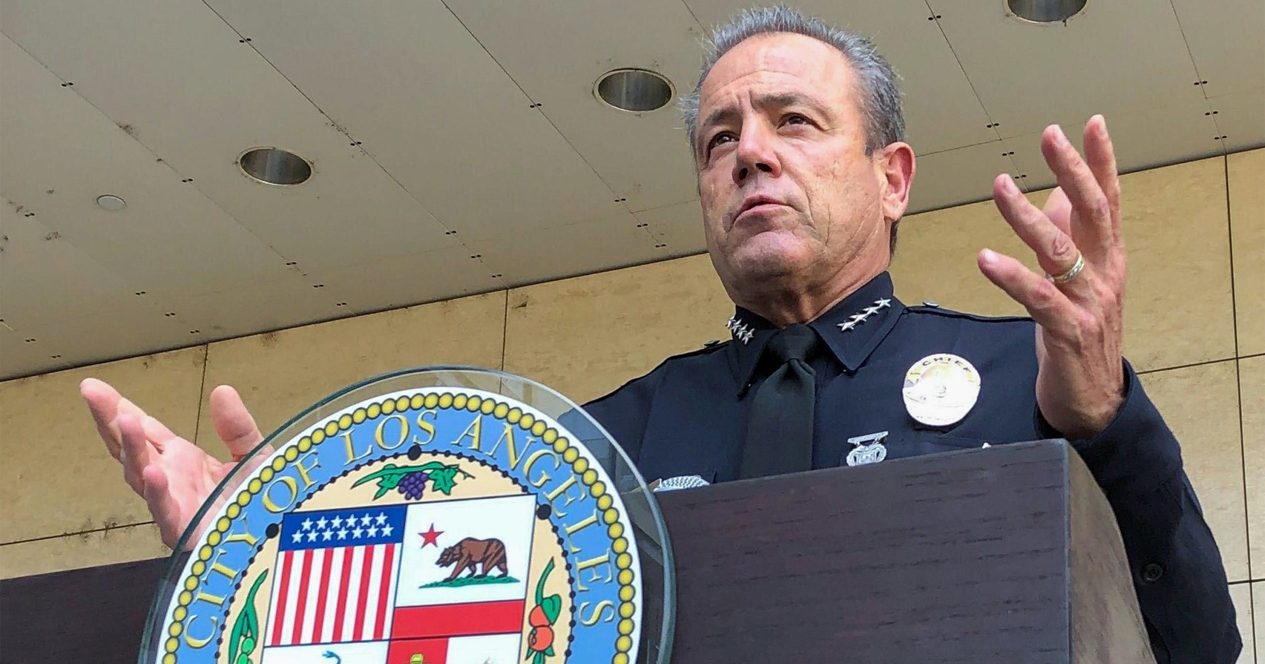 In this Aug. 26, 2020, file photo, Los Angeles Police Chief Michel Moore speaks during a news conference. On Oct. 2, 2020, Moore called for calm in the streets after a "spasm of violence" in South Los Angeles that has left four dead and more than a dozen wounded.