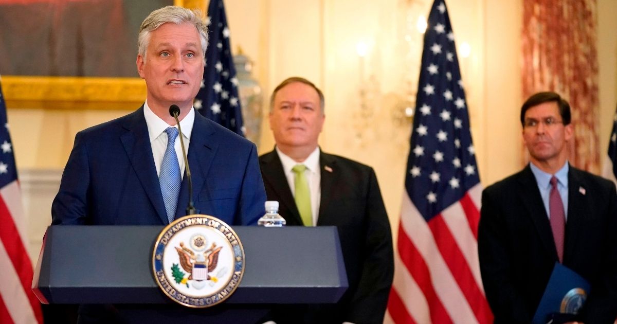 National security adviser Robert O'Brien speaks during a news conference on Sept. 21, 2020, at the US State Department in Washington, D.C.