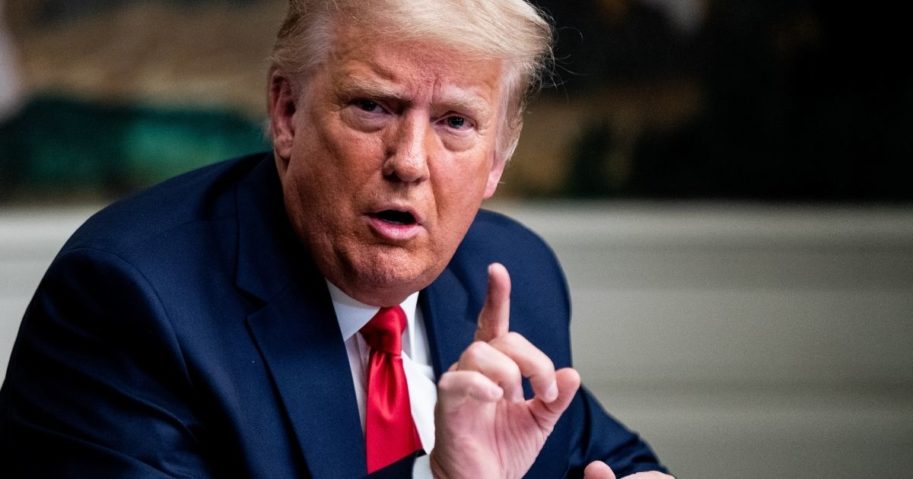 President Donald Trump speaks in the Diplomatic Room of the White House on Thursday in Washington, D.C.