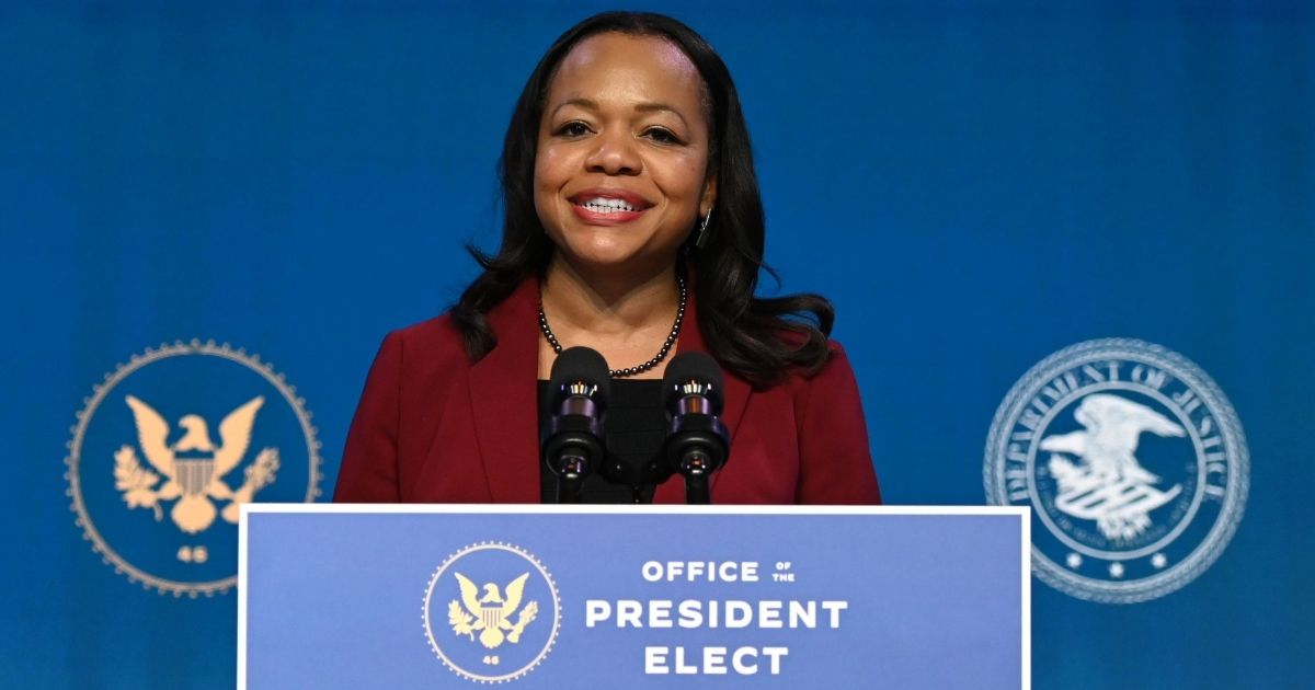 Kristen Clarke speaks after being announced as President-elect Joe Biden's choice for assistant attorney general in the Justice Department's Civil Rights Division on Sunday at the Queen Theater in Wilmington, Delaware.