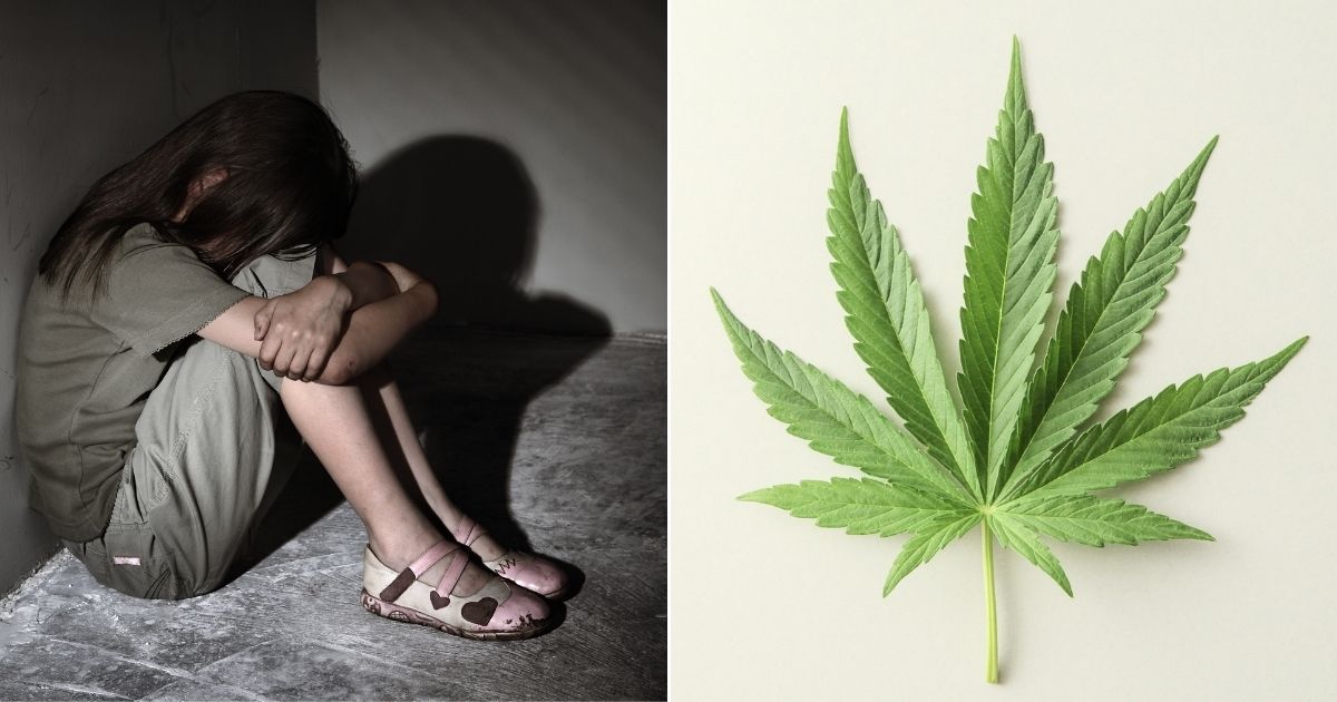 An abused child, left, and a marijuana leaf, right.