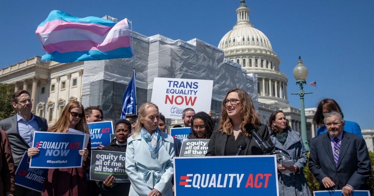 Sarah McBride, national press secretary of Human Rights Campaign, speaks during a rally of transgender activists in favor of the Equality Act at the U.S. Capitol in Washington on April 1, 2019.