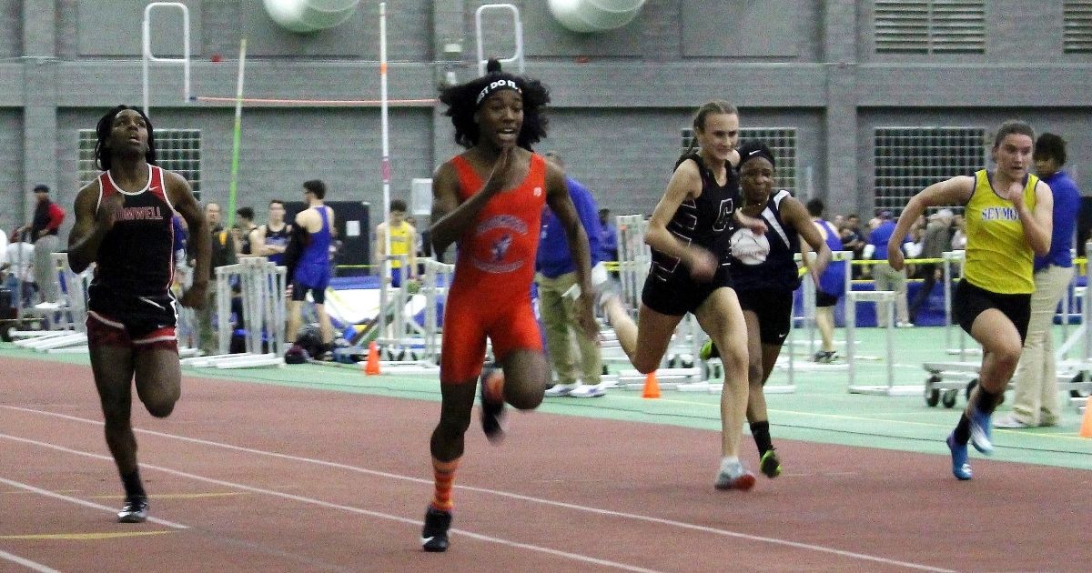 Bloomfield High School transgender athlete Terry Miller, second from left, wins the final of the 55-meter dash over fellow transgender athlete Andraya Yearwood, far left, and other runners in the Connecticut girls Class S indoor track meet at Hillhouse High School in New Haven on Feb. 7, 2019.