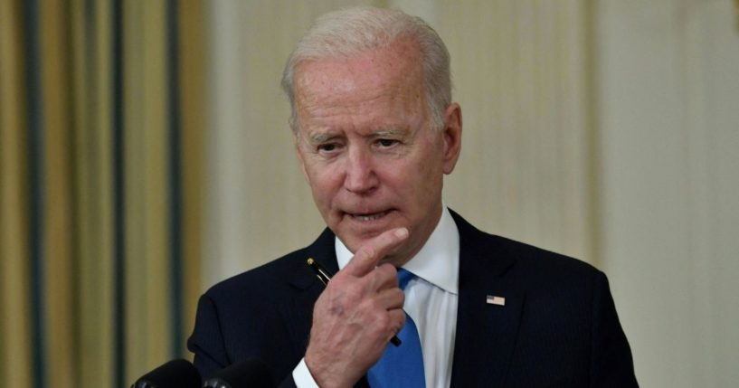 President Joe Biden delivers remarks on the American Rescue Plan in the State Dining Room of the White House on May 5