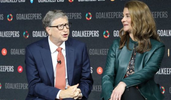 Bill Gates, left, and Melinda Gates speak during the Goalkeepers event at the Lincoln Center on Sept. 26, 2018, in New York.