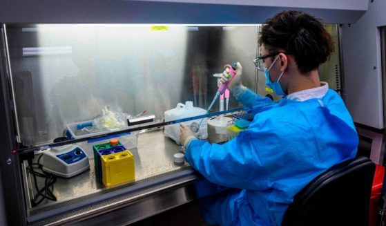 A technician demonstrates a testing process for SARS-CoV-2, which causes the Covid-19 coronavirus, by using a F. Hoffmann-La Roche Ltd. Cobas 8800 fully integrated laboratory automation system during a media tour in the North Lantau Hospital Hong Kong Infection Control Center in Hong Kong on Feb. 2, 2021.