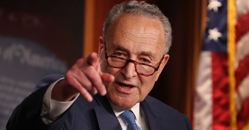 Senate Majority Leader Chuck Schumer talks to reporters after the Senate voted against the formation of an independent commission to investigate the attack at the U.S. Capitol on Friday in Washington, DC.