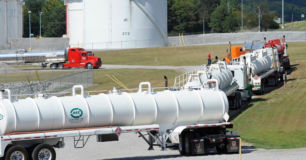 This Sept. 16, 2016, file photo shows tanker trucks lined up at a Colonial Pipeline Co. facility in Pelham, Alabama.