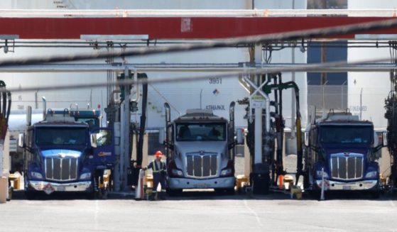 Fuel trucks fill their tanks at a fuel terminal on April 29, 2021, in Richmond, California.