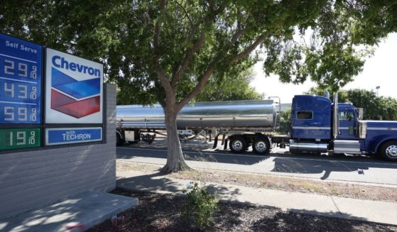 A fuel truck drives by a Chevron gas station on April 29, 2021, in Richmond, California.