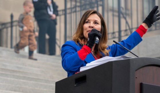 Idaho Lt. Gov. Janice McGeachin speaks during a mask burning event at the Idaho Statehouse on March 6, 2021, in Boise, Idaho.