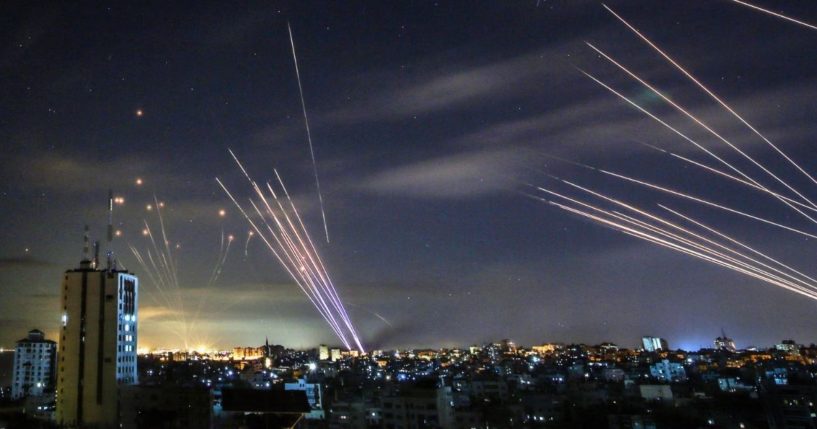 Israel's Iron Dome missile defense system intercepts rockets fired by Hamas terrorists toward southern Israel from the northern Gaza Strip.