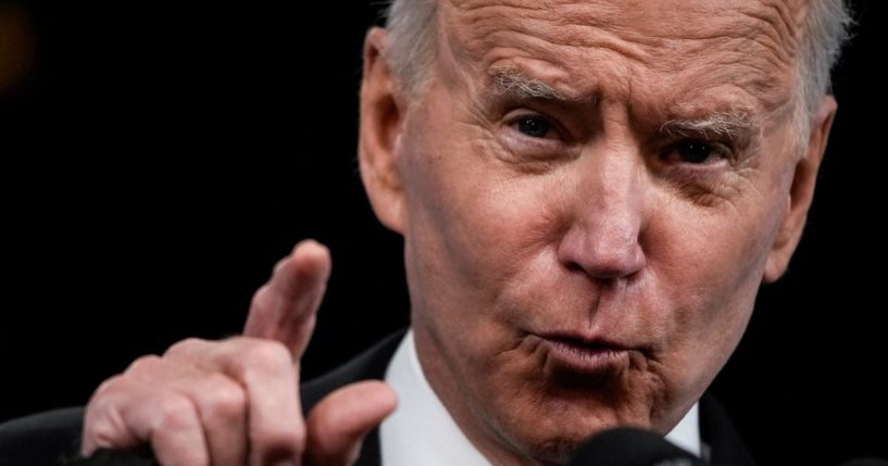 President Joe Biden delivers remarks on the COVID-19 response and the ongoing vaccination program at the Eisenhower Executive Office Building on Wednesday in Washington, D.C.