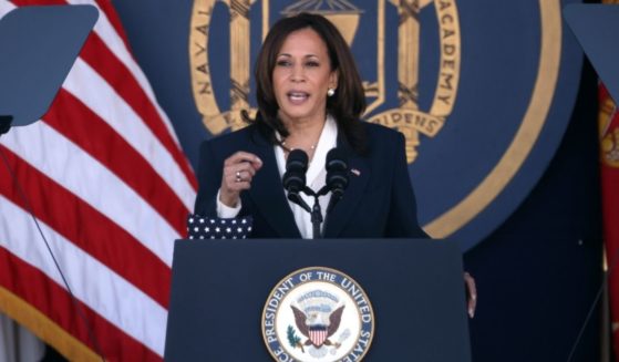 Vice President Kamala Harris delivers remarks at the U.S. Naval Academy Graduation and Commissioning Ceremony at the Naval Academy on Friday in Annapolis, Maryland.