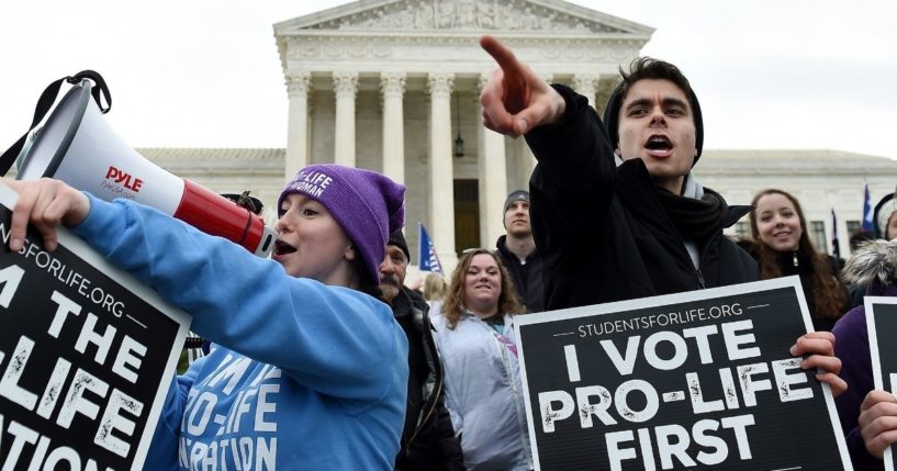 Pro-life activists demonstrate in front of the the US Supreme Court during the 47th annual March for Life on Jan. 24, 2020, in Washington, D.C.