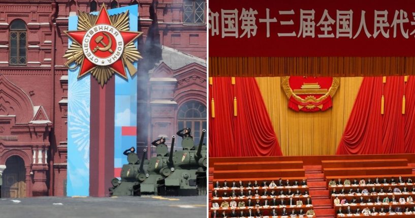 The Victory Day Parade at Red Square, left, is pictured in Moscow, Russia, on Friday; The Second Plenary Meeting of the National People's Congress at The Great Hall of People is underway on May 25, 2020, in Beijing, China.