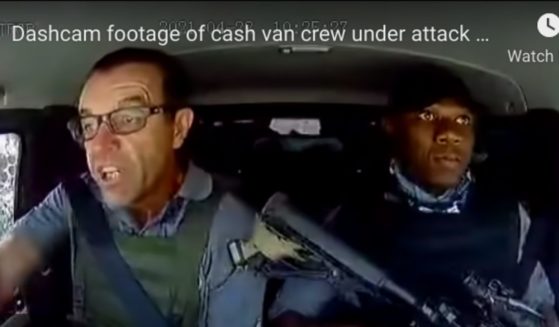 Dash-cam footage from an armored security van shows Lee Prinsloo and Lloyd Mthombeni responding to an attempted heist by robbers wielding automatic weapons in South Africa in May 2021.