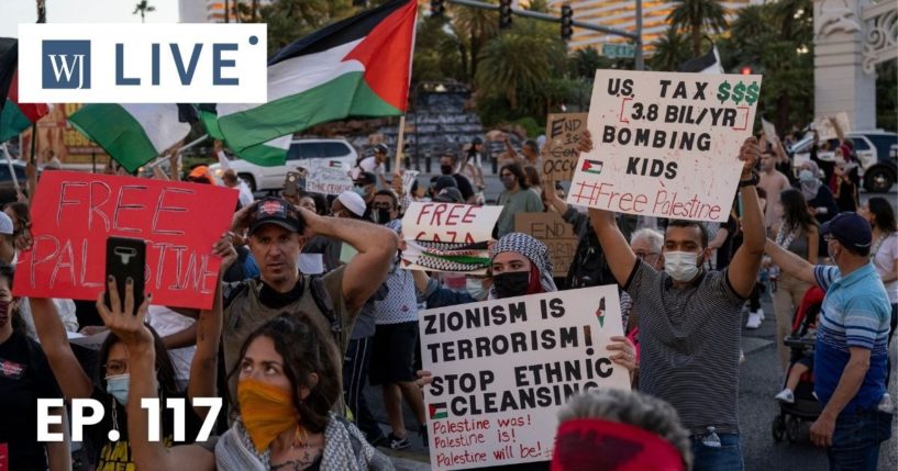 Pro-Palestine protesters rally outside The Venetian hotel and casino along the Strip in Las Vegas on Saturday.