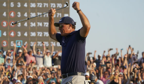 Phil Mickelson celebrates after winning the final round of the PGA Championship on the Ocean Course at Kiawah Island, South Carolina, on Sunday.