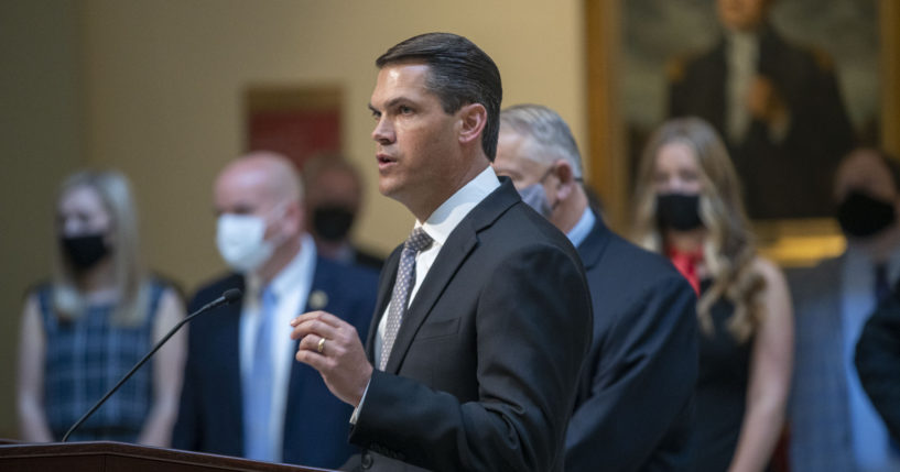 Lt. Gov. Geoff Duncan speaks during a news conference held by Gov. Brian Kemp at the Georgia State Capitol in Atlanta on March 22, 2021.